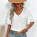 Women's Knitted Short-Sleeved Top Embroidered Hollow Out V Neck Ruffled Style For Spring Autumn_ecoleips.com