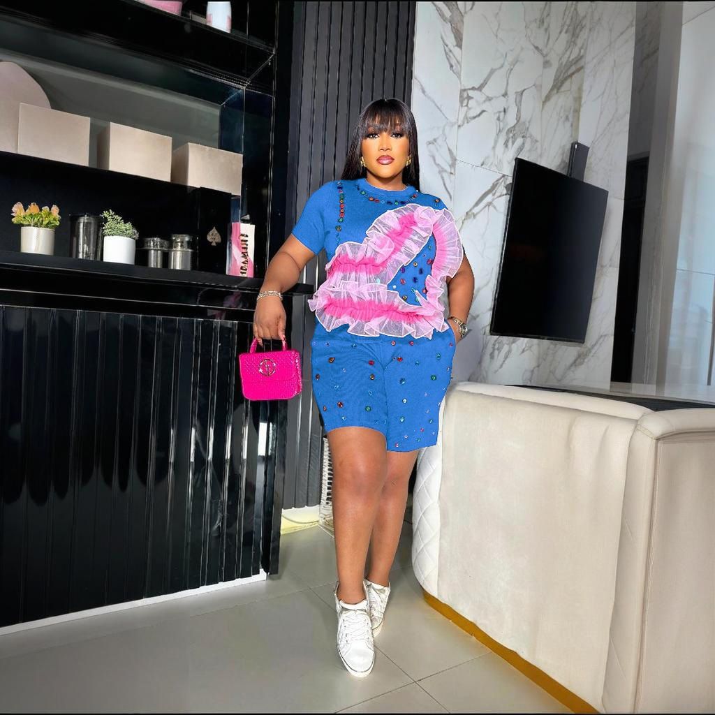 Women's Clothing Fashion Summer New Round Neck Hot Diamond Casual Two Piece Suit Short Sleeved Top_ecoleips.com