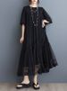 Black Vintage Mesh Patchwork Dresses For Women 2026 Summer New Short Sleeve Loose Casual Midi Dress Robe Fashion Elegant Clothes_ecoleips.com