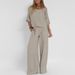 Casual Fashion Pocket Long Pants Beach Spring Summer Short Sleeve Top Pullover Set Women Cotton Linen Solid Color Two_ecoleips.com