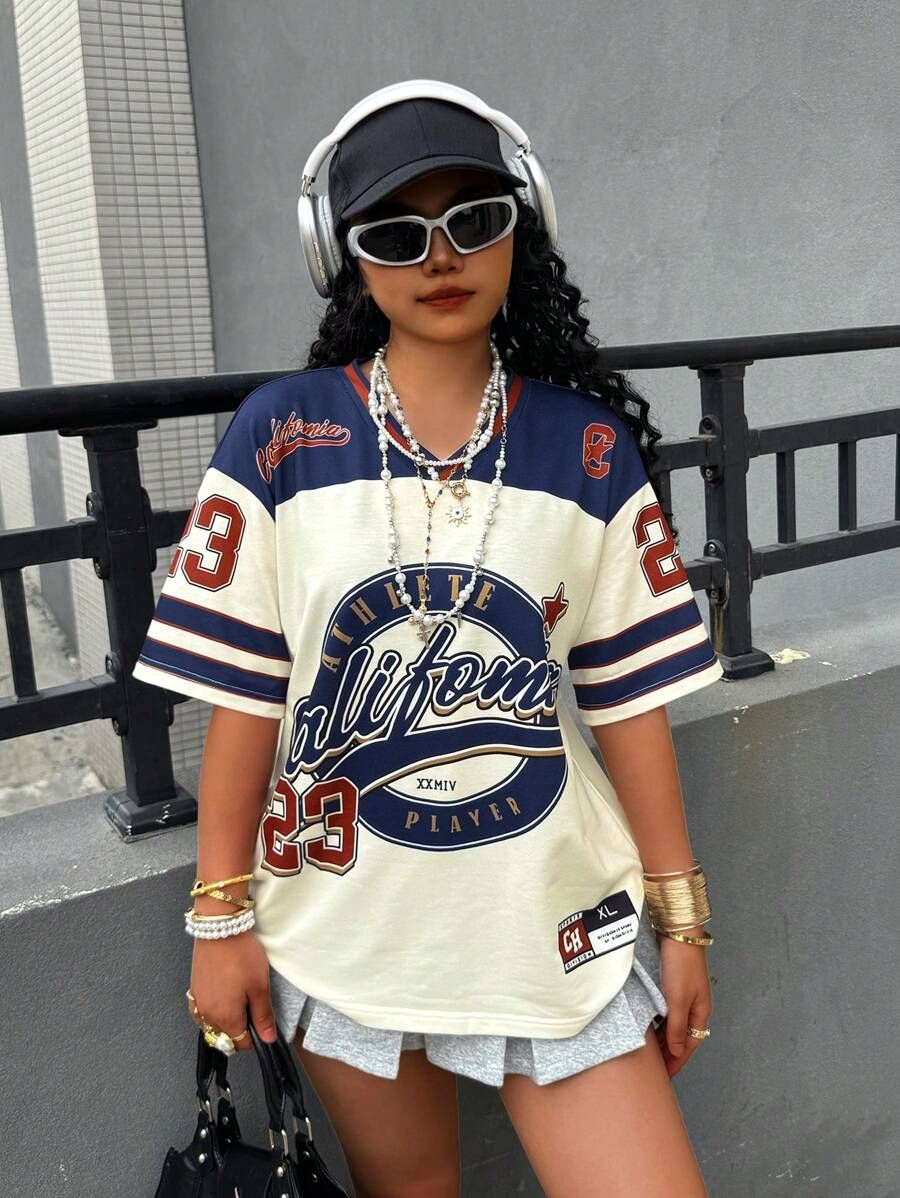 2025 Women Summer New Los Angeles No.23 Fashion V-Neck Tee Comfortable And Versatile Top Y2K Street Retro Hip Hop Sports Jersey_ecoleips.com