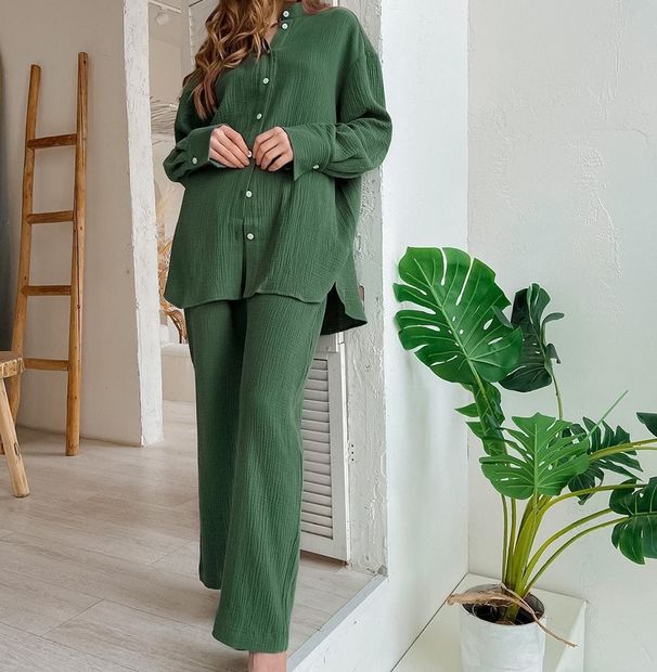 Women's Clothing Autumn Loose Elastic Wrinkled Long Sleeved Shirt Wide Leg Pants Casual Two Piece Suit_ecoleips.com