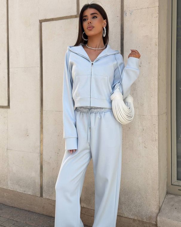 Voya Women's Two Piece Tracksuit Set – Light Blue Zip-Up Hoodie & Wide Leg Joggers, Casual Loungewear, EU Daily Active Wear_ecoleips.com