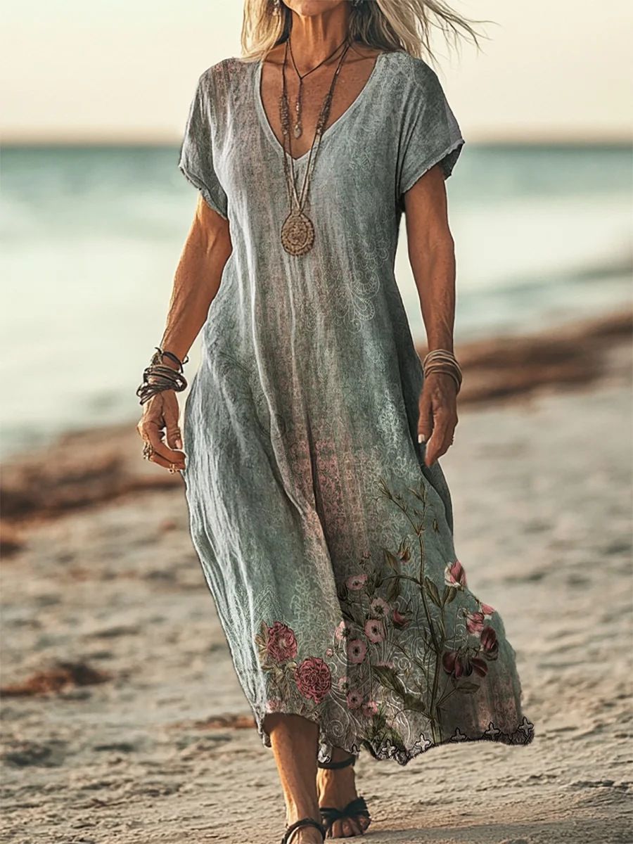 Creative Floral Women's Summer V-Neck Short Sleeve Dress, Mid-Length Dress_ecoleips.com