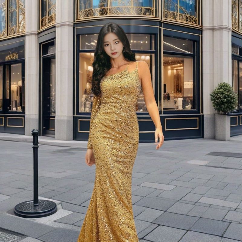 Women's Clothing New Fashion V Neck Hip Wrapped Sequined Mid Waist Off Shoulder Small Tail Long Evening Dress_ecoleips.com