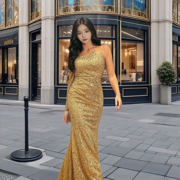 Women's Clothing New Fashion V Neck Hip Wrapped Sequined Mid Waist Off Shoulder Small Tail Long Evening Dress_ecoleips.com
