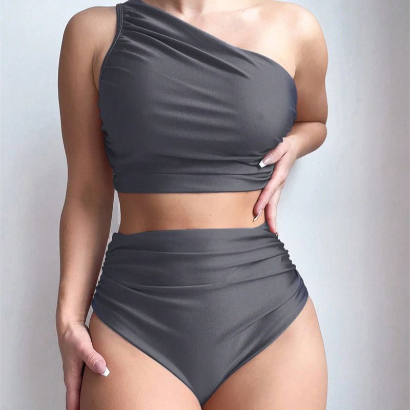 Women's Clothing Solid Color Pleated Split Swimsuit Women's Sexy Shoulder Bikini_ecoleips.com