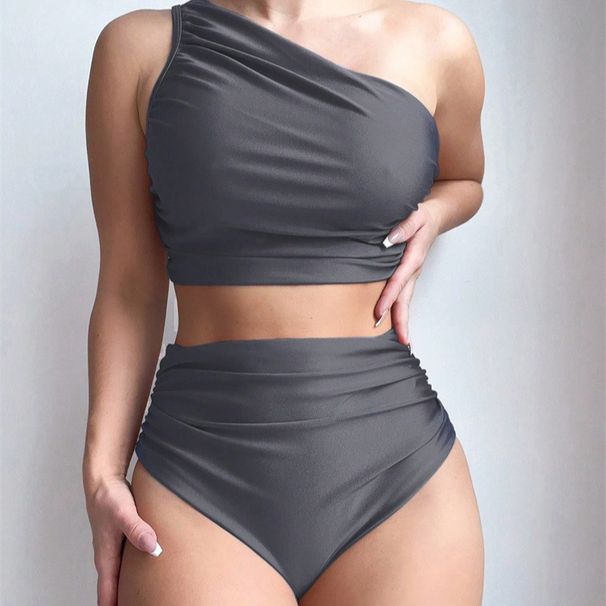 Women's Clothing Solid Color Pleated Split Swimsuit Women's Sexy Shoulder Bikini_ecoleips.com