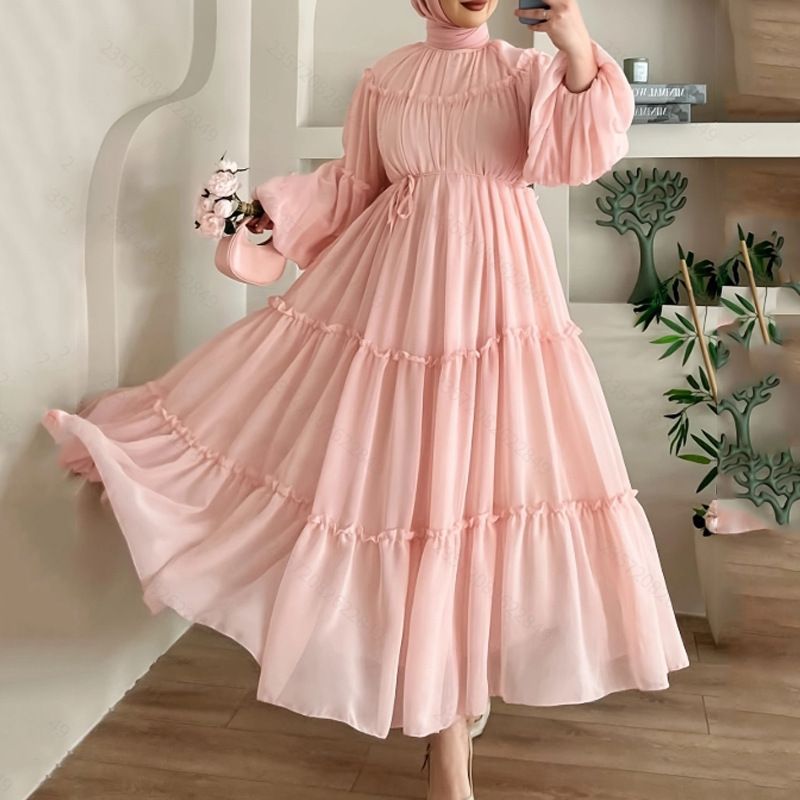 Elegant Long Dress With Lace Belt – Modest Flowy Maxi Dress For Women, Soft Solid Color & Feminine Details_ecoleips.com