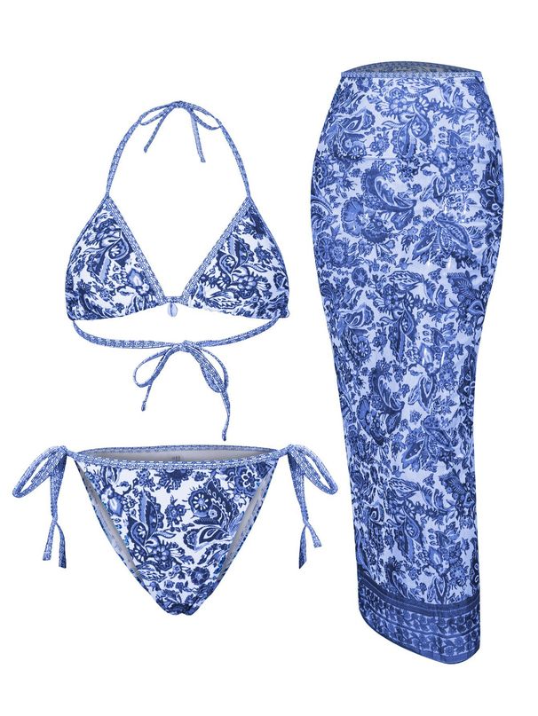 Women's Floral Print Triangle Bikini Set With Cover-Up Dress, Quick-Dry Swimwear For Beach & Pool Fashion-Print Designs_ecoleips.com