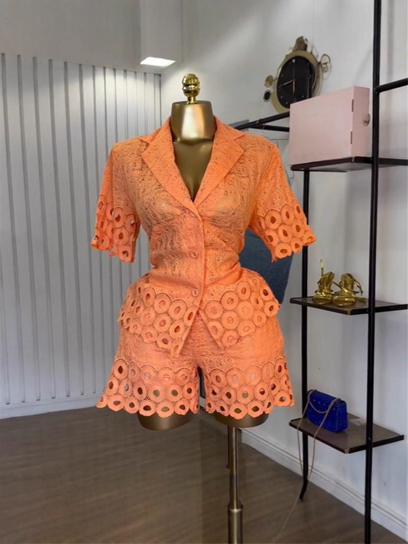 Summer Casual 2 Piece Set Women's Crochet Embroidered Hollow out Short Sleeved Shirt And Shorts European And American Cross Border Style_ecoleips.com