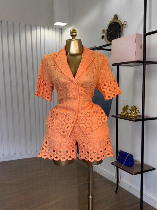 Summer Casual 2 Piece Set Women's Crochet Embroidered Hollow out Short Sleeved Shirt And Shorts European And American Cross Border Style_ecoleips.com