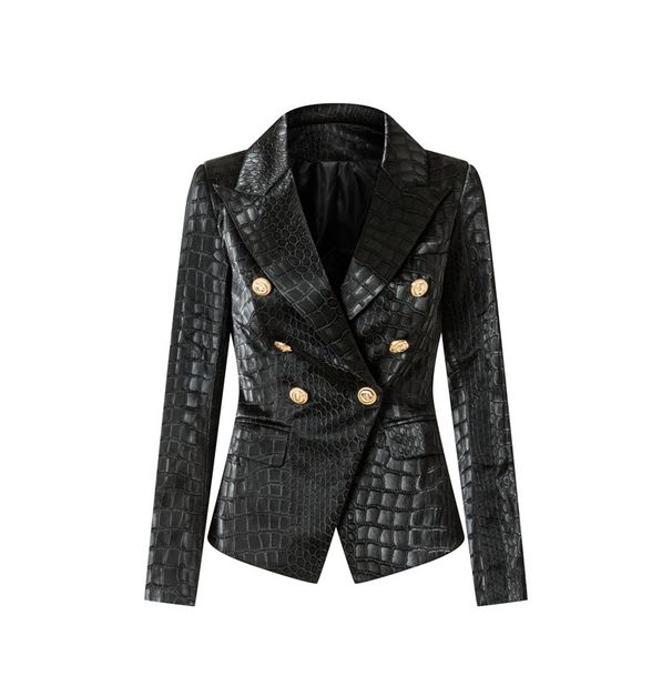 Women's Clothing autumn and winter small suit crocodile leather pattern jacket style slim fit top metal buckle waist jacket trend_ecoleips.com
