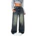2025 New Y2K Style Basic Simple Washed Distressed Low-Waist Wide-Leg Jeans With Draped Effect_ecoleips.com