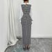 Slim Fit Puff Sleeve Dress For Women Houndstooth Pattern Bodycon Long Skirt_ecoleips.com