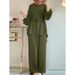 H730 Muslim Women's Solid Color Drawstring Tie Two-Piece Set Round Neck Top Wide-Leg Pants Elegant Ladies Suit_ecoleips.com