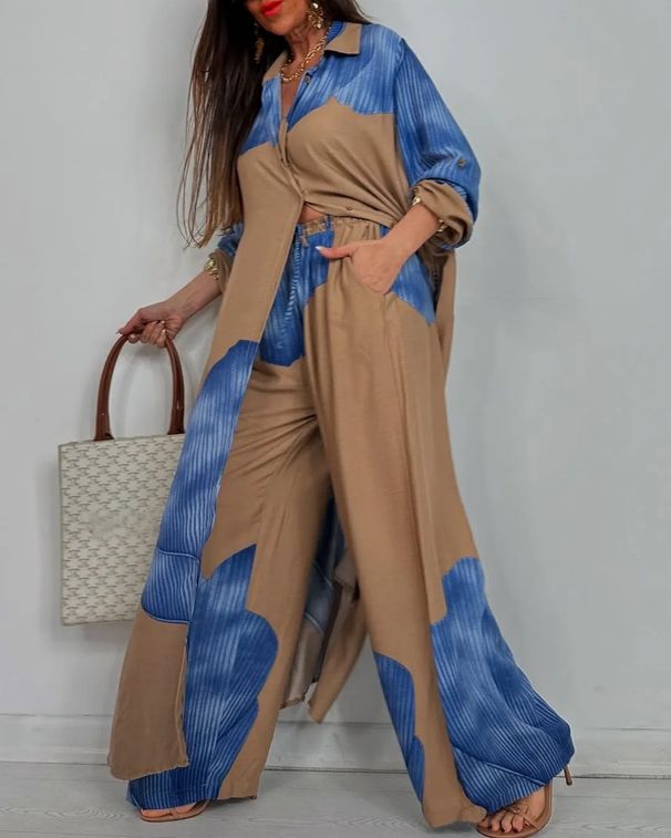 Women's Clothing Women's Fashion Casual Colorblock Loose Shirt Tops Trousers Two Piece Set_ecoleips.com