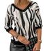 New European American Cross-border And Striped Deep V-neck With Color-blocked Collar, 7/8 Sleeves,_ecoleips.com