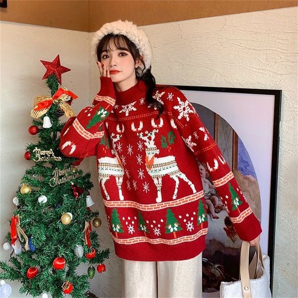 girl Christmas Atmosphere Sweater For Women, Autumn And Winter New Loose Retro Lazy Style Pullover, Stylish Knitted Sweater,_ecoleips.com