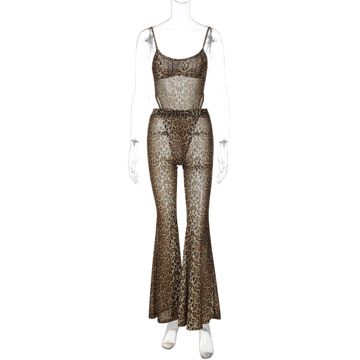 European And American Women's Halter Bodysuit And Leopard Print Flared Pants Set Sexy See through Autumn Winter New Arrivals_ecoleips.com