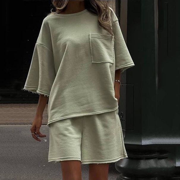 Women's Clothing Casual Ladies Summer Suit Solid Color Round Neck Short Sleeve Elastic Sports Shorts Two Piece Suit For Women_ecoleips.com