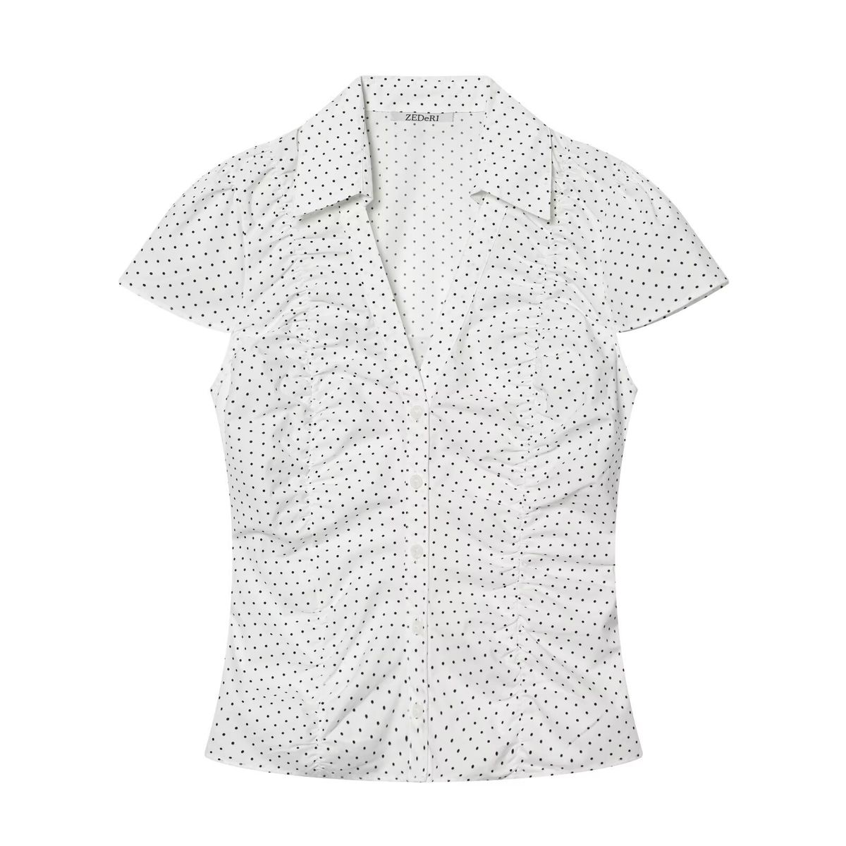 Street Style Crinkle Texture Poplin Shirt For Women - Short Sleeve Button Down Top With Flounce Detail, Black, White Black Dot, Black White Dot_ecoleips.com