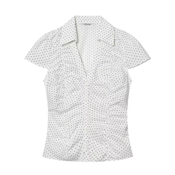 Street Style Crinkle Texture Poplin Shirt For Women - Short Sleeve Button Down Top With Flounce Detail, Black, White Black Dot, Black White Dot_ecoleips.com