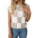 Summer Cap Sleeve Knitted Sweater For Women Color Block Round Neck Short Length Checkerboard Pattern Baring Navel Design_ecoleips.com