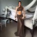 Women's Brown Bodycon Off-Shoulder Mesh Panel Mini Dress, Stretchy Sleeveless Cocktail Bodycon Dress_ecoleips.com