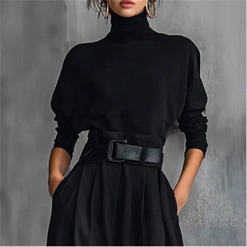 Women's Autumn/Winter Solid Color Turtleneck Top Wide Leg Pants Two Piece Set with Belt Independent Website Exclusive_ecoleips.com