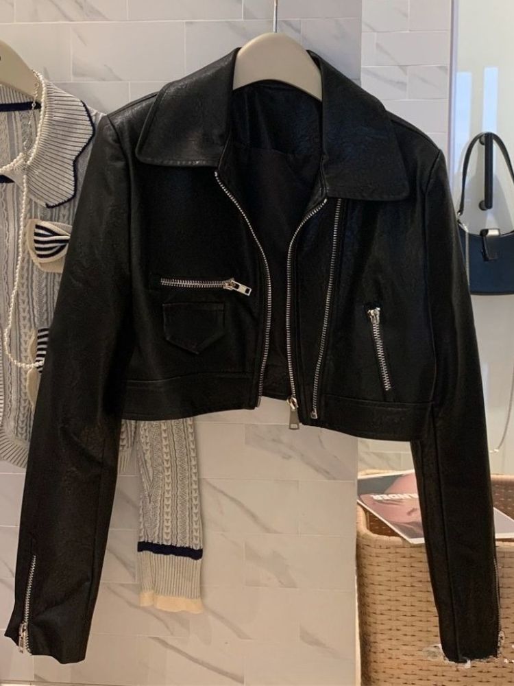 K Trendy Motorcycle Suit Slim Fit Short Jacket Women's Double Zipper PU Leather Jacket Explosive Street Versatile PU Leather Jacket_ecoleips.com