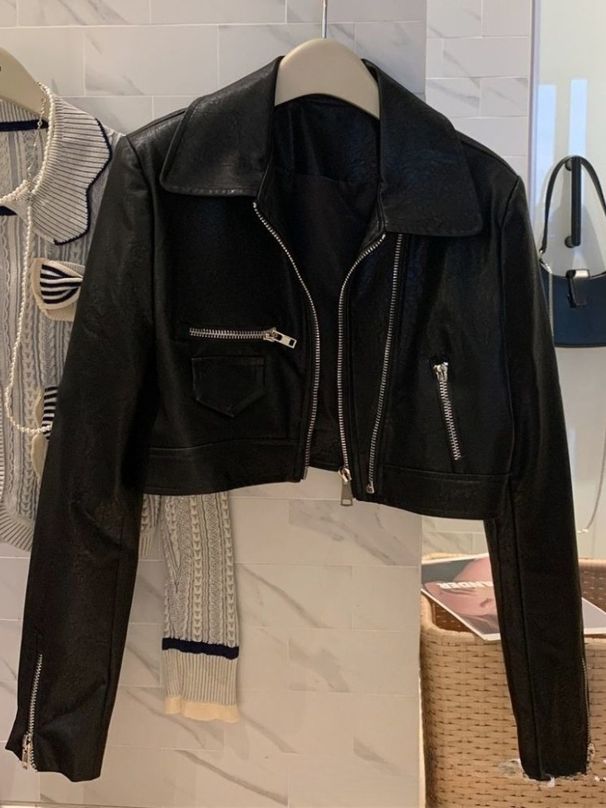 K Trendy Motorcycle Suit Slim Fit Short Jacket Women's Double Zipper PU Leather Jacket Explosive Street Versatile PU Leather Jacket_ecoleips.com