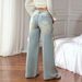 Women's Clothing Women's Peacock Blue Wide Leg Jeans - High Waist Relaxed Fit With Side Ribbon Detail_ecoleips.com