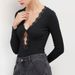 Voya Spring And Summer Black V-neck Lace Edge Twisted Long Sleeved Top With Hollow Chest Design, Slim Fit And Temperament, Paired With A Jumpsuit_ecoleips.com