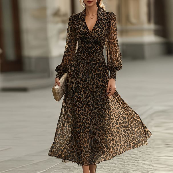 Ladies V-neck Lantern Sleeve Party Dress 2026 Casual Streetwear Swing Long Dress Retro Leopard Print High Waist Commuting Dress_ecoleips.com