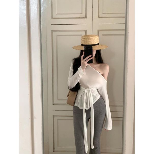 Women's Irregular Off-Shoulder Long Sleeve T-Shirt White Thin Slim Fit Summer Style Tie Waist Slightly Sheer Sun Protection Top_ecoleips.com