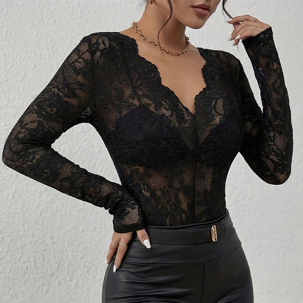 Women's Clothing Lace Blouse - Sexy V-Neck Long Sleeve Top With Floral Lace Trim - Black & White Slim Fit Shirt For Date Night_ecoleips.com
