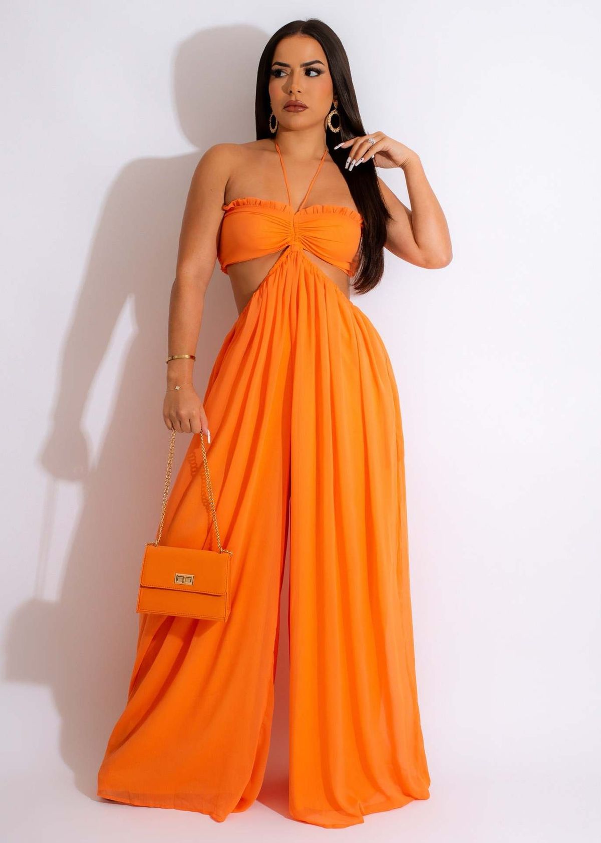 Women's Clothing Sexy Chiffon Wrapped Chest Naked Back Wide Leg Jumpsuit_ecoleips.com