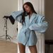 Women's Clothing Shoulder Pad Suit Temperament Commuter V Neck Lace Up Jacket_ecoleips.com