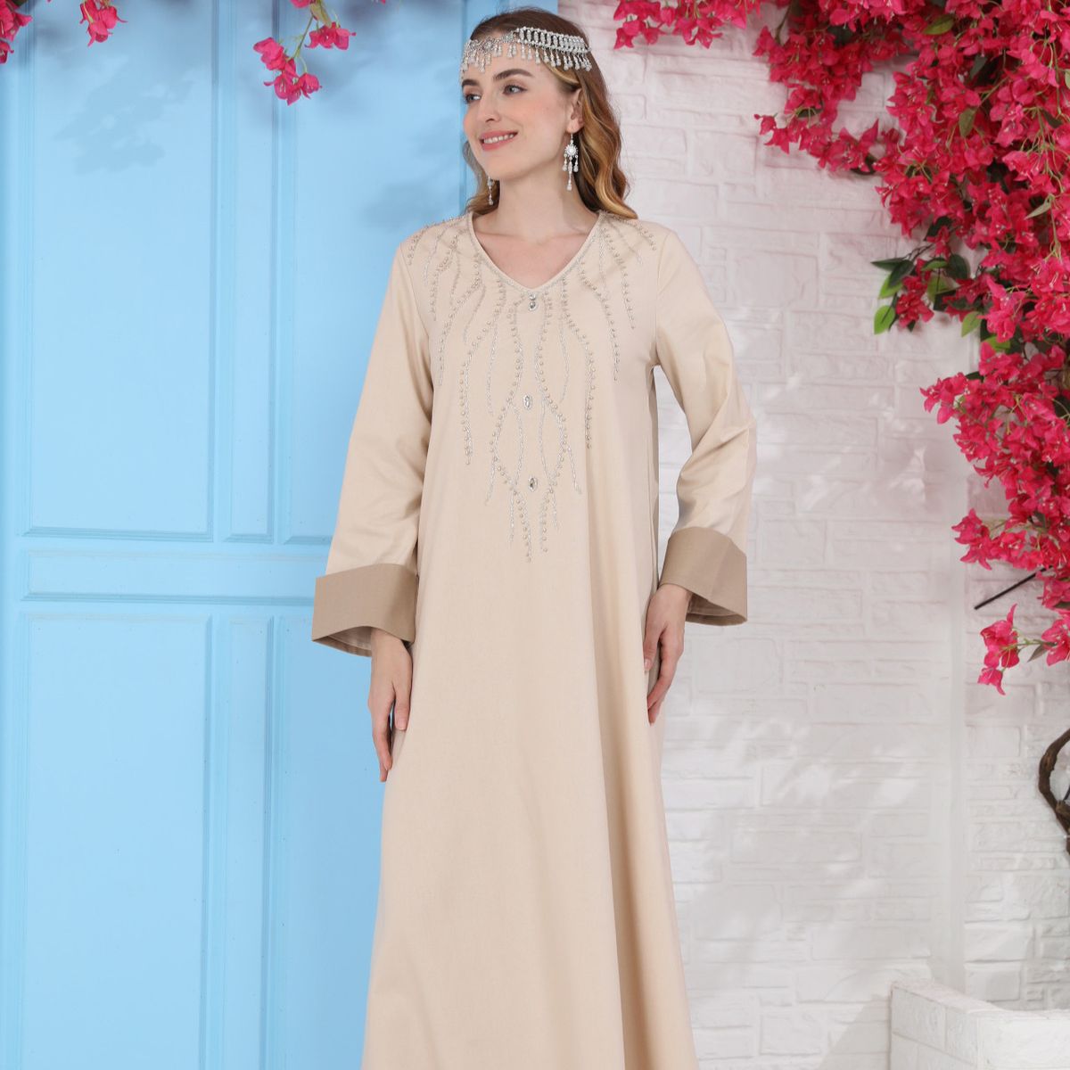 25014 Cross-border Middle Eastern Arab Muslim Robe Dress Fashionable Rhinestone V-neck Ethnic Style Casual Loose Fit_ecoleips.com