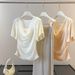 Women's Pure Elegant Short Sleeve T-Shirt Summer Style Faux Two-Piece Waist Cinching Pleated Versatile Top with Scarf_ecoleips.com