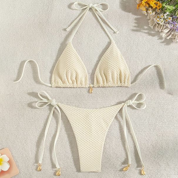 Women's Sexy Shell Lace-Up Bikini Set - European & American Style Split Design (Solid Color, Hot Spring & Beach Swimwear)_ecoleips.com
