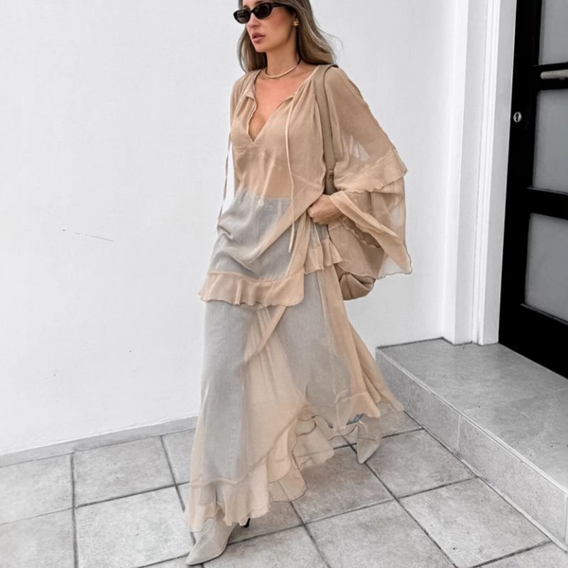 Khaki Spring/Summer Lace Dress With Sun-Protective Hood, Wholesale Style For Women_ecoleips.com