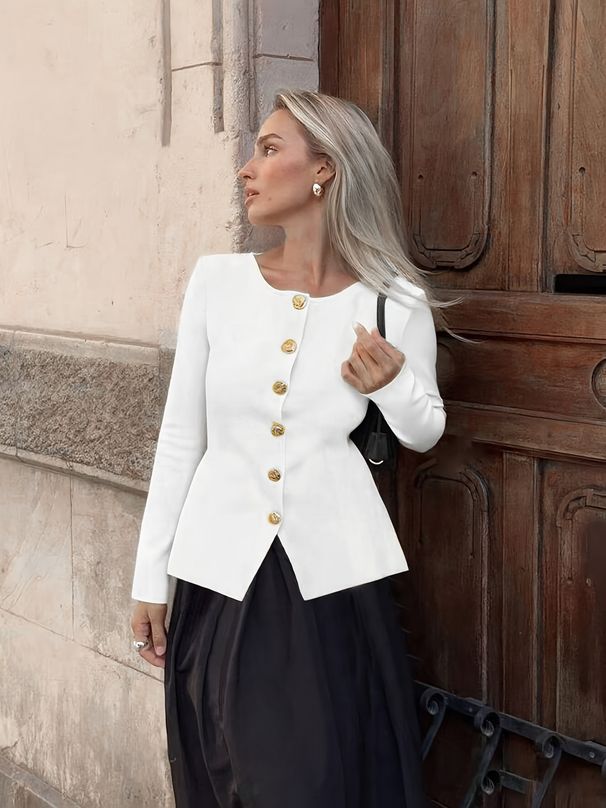Women's Elegant Round Neck Long Sleeve Knitted Cardigan European American Style Solid Color Cardigan With Metal Button Design New Autumn Style_ecoleips.com