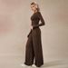 Voya Lazy Style Two-piece Brown Long Sleeved Short Cut Crop Top, Wide Leg Casual Pants, Fashionable And Comfortable Suit For Women_ecoleips.com