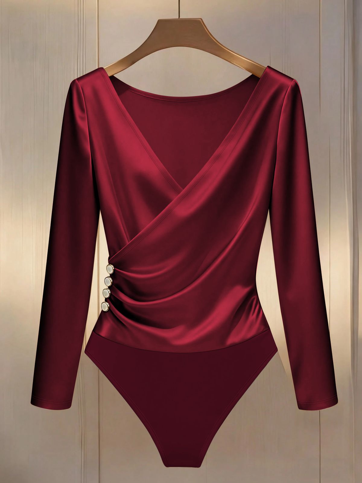 Women’S Slim-Fit Long-Sleeve Bodysuit – V-Neck Pure Color Jumpsuit (Apricot/Burgundy/Navy) For Casual & Layering_ecoleips.com