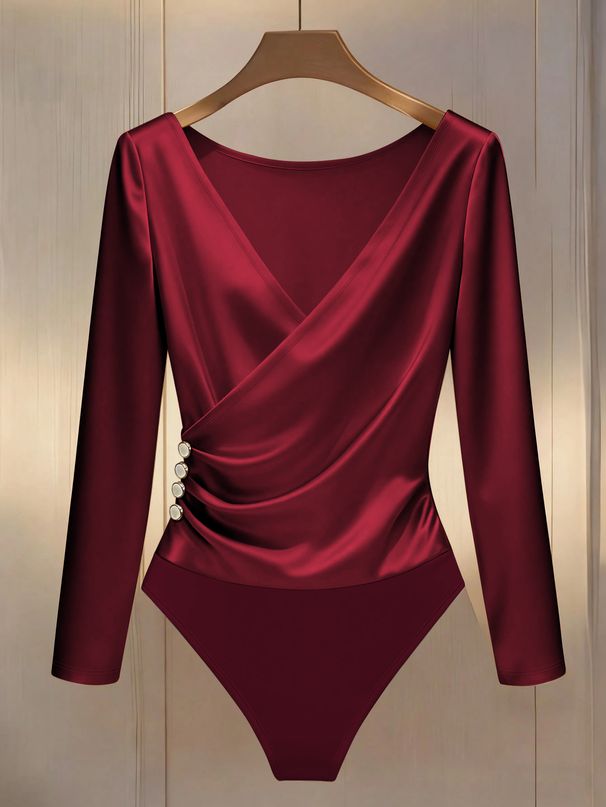 Women’S Slim-Fit Long-Sleeve Bodysuit – V-Neck Pure Color Jumpsuit (Apricot/Burgundy/Navy) For Casual & Layering_ecoleips.com