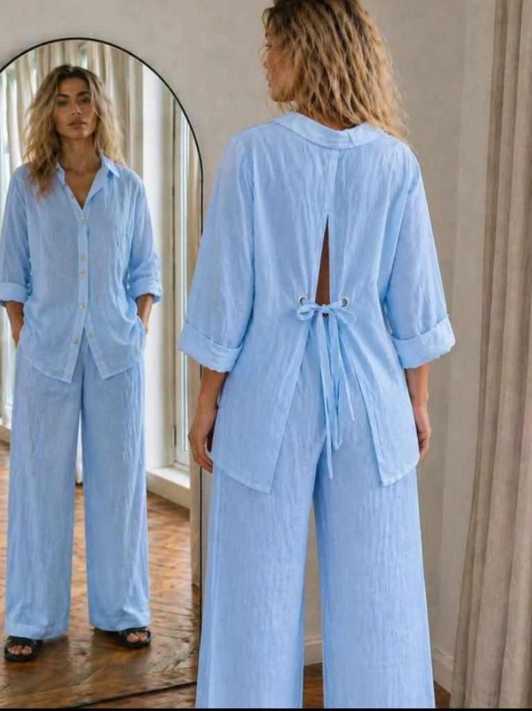 Women's Spring/Summer Cotton Linen Set Backless Shirt Wide Leg Pants Two Piece Casual Comfortable Breathable European American Style_ecoleips.com