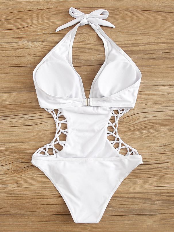 Women's Clothing Swimsuit Women's One Piece Solid Color Lace Up Hollow Sexy Backless Bikini Beach Vacation Swimsuit_ecoleips.com