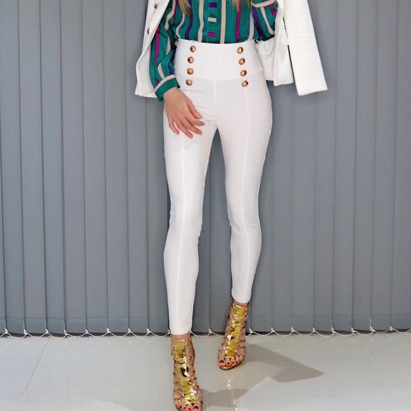Women's Clothing double breasted elastic slim fitting leggings nine point pants waist slimming black and white drop shipping_ecoleips.com